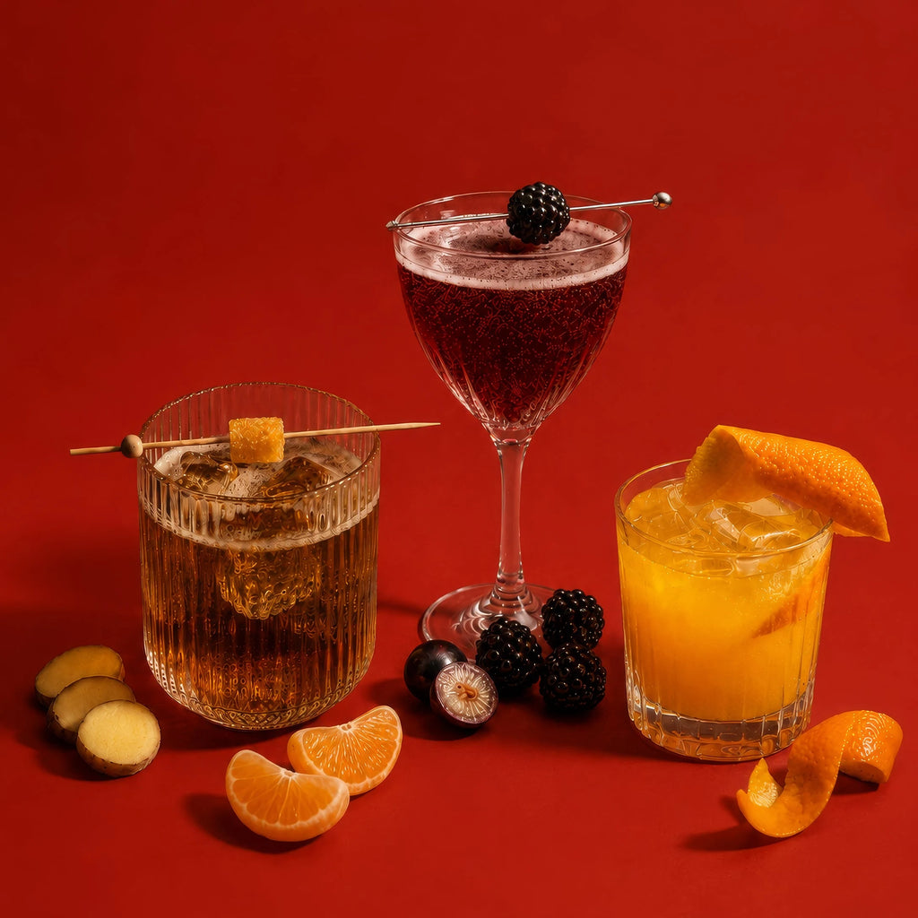 Três drinks sem álcool YUNA servidos em copos com frutas, sobre fundo vermelho