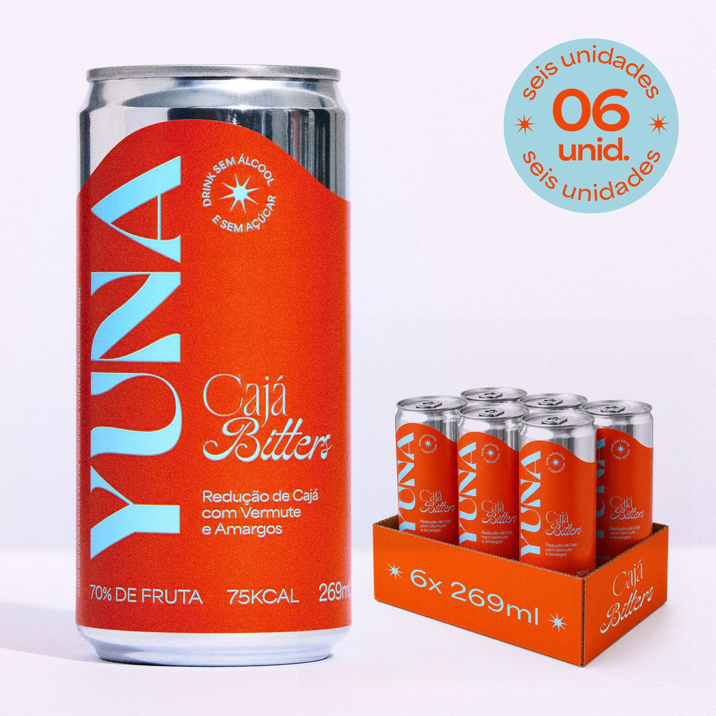 Cajá Bitters YUNA: lata e pack com 6 latas de 269 ml