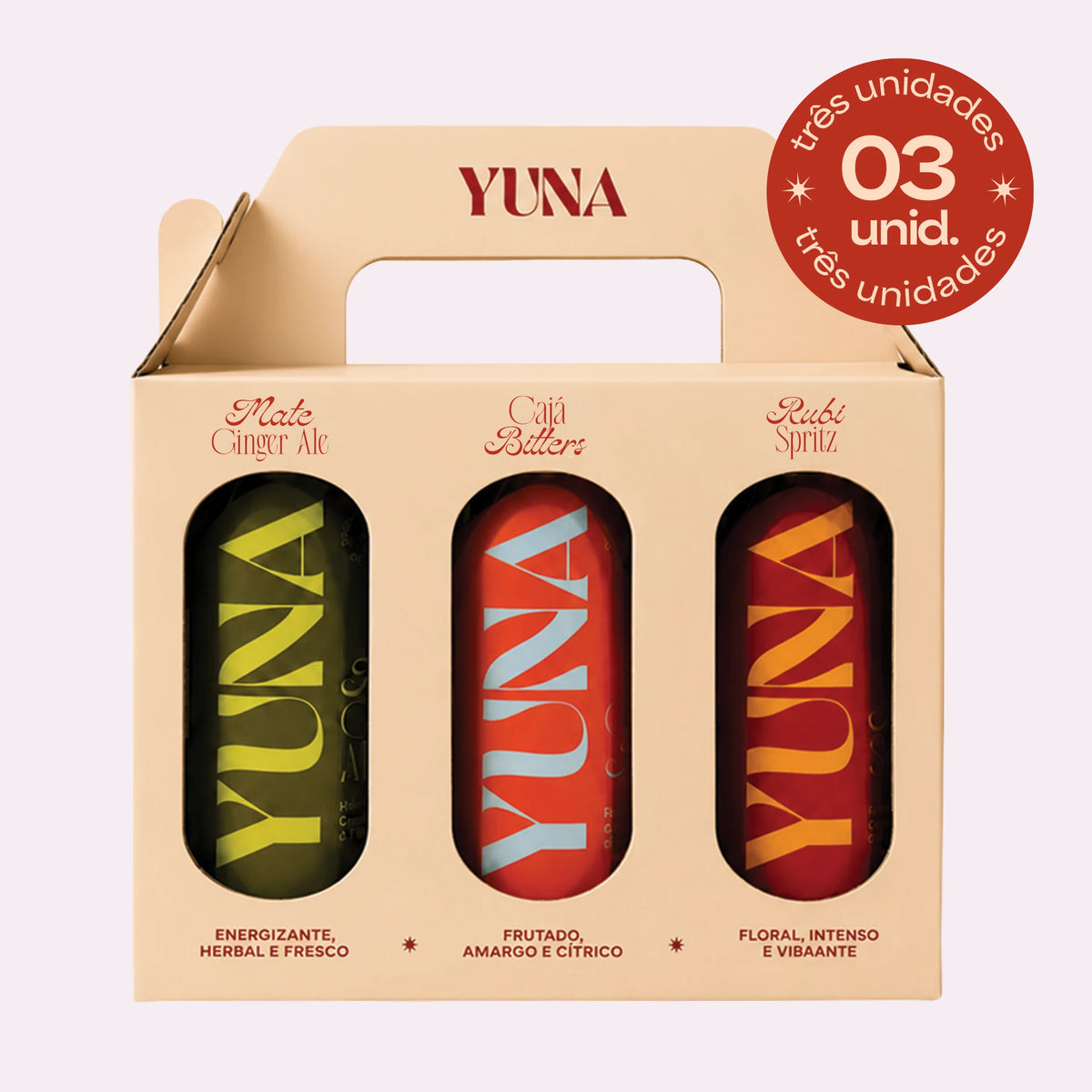 Caixa do Kit Trio YUNA com uma lata de cada sabor: Mate Ginger Ale, Cajá Bitters e Rubi Spritz